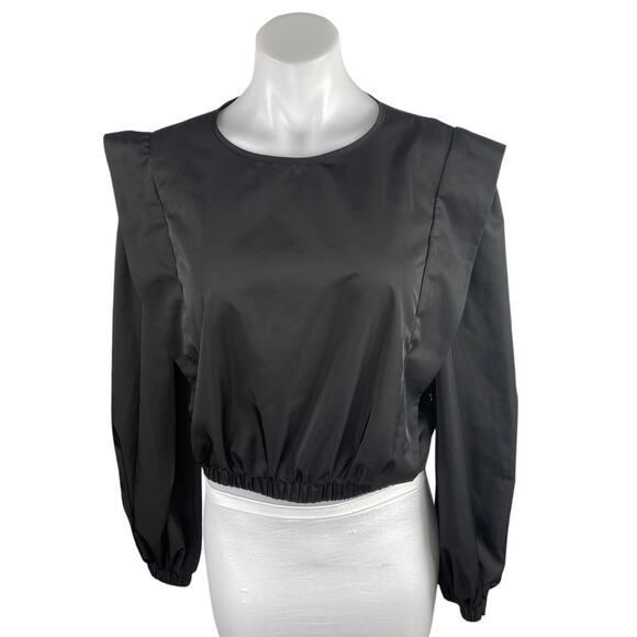 Missguided Women's Black Silky Satin Ruffle Flutter Sleeve Crop Blouse Top 10 - Picture 1 of 4